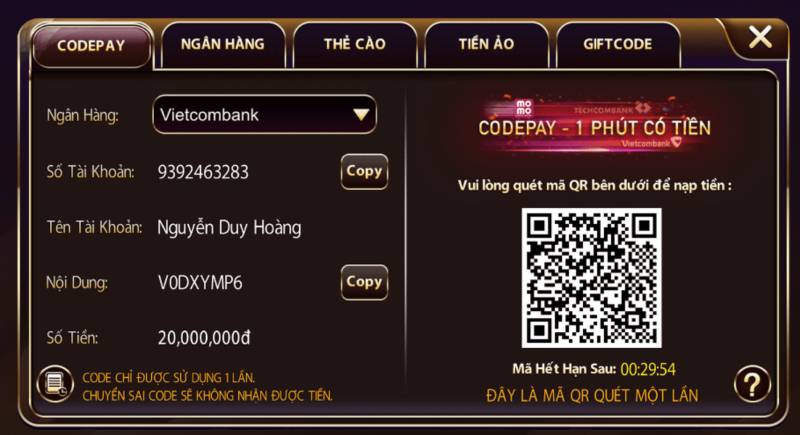 Hướng Dẫn Nạp Tiền Sunwin An Toàn Và Nhanh Chóng 5 Nạp tiền qua CodePay